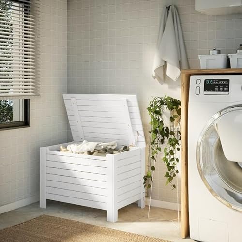 Eleganz Aufbewahrungstruhe RANA aus massivem Kiefernholz 80x49x54 cm - Weiße Truhe mit Deckel für Wohnzimmer, Schlafzimmer & Flur - Stabile Aufbewahrungslösung für Decken, Spielzeug & mehr