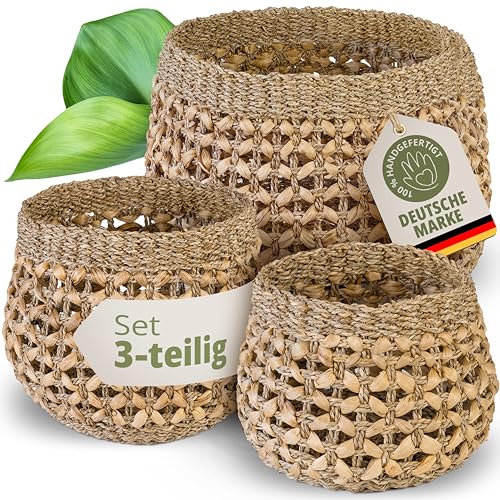 TERRAVIEN Aufbewahrungskorb 3er Set handgefertigt Naturmaterial Seegras Wasserhyazinthe I Korb geflochten Korb Aufbewahrung Küche Badezimmer Wohnzimmer Körbe stapelbar
