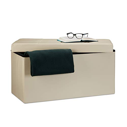 Relaxdays Faltbare Sitzbank 38 x 78 x 38 cm HxBxT, 2-Sitzer m. Stauraum, Kunstleder Sitzhocker 300 kg belastbar, Creme