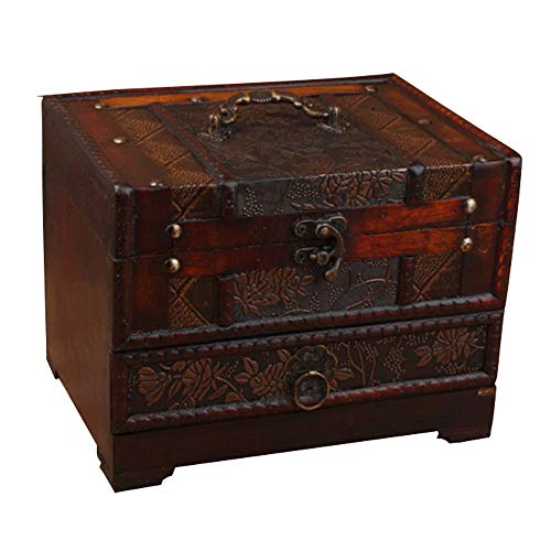 Zavddy-Home Koffer aus Holz Holz-Schatztruhe Decor Schmuck Storage Box mit Schublade und Spiegel Handgefertigte Vintage Dekoration Schatzkiste (Farbe : Braun, Size : 22×16×16cm)