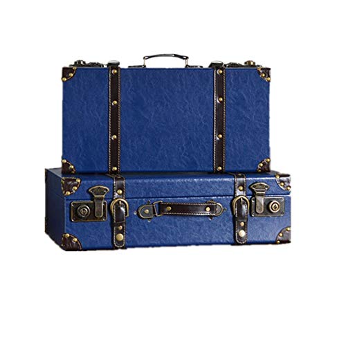 Zavddy-Home Koffer aus Holz Set 2 Vintage-Storage Box Retro Koffer for Schlafzimmer, Wohnzimmer - mit Griffen (4 Farben) Schatzkiste (Farbe : Blau, Größe : L+S)