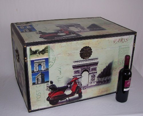 Massivholz Box in Leinenoptik, Städtedesign Nr. 400, stylisch, Verarbeitung mit Metallbeschlägen und Kunstlederkanten mit Nietenbefestigung, Truhe ca. 68 x 44 x 41 cm